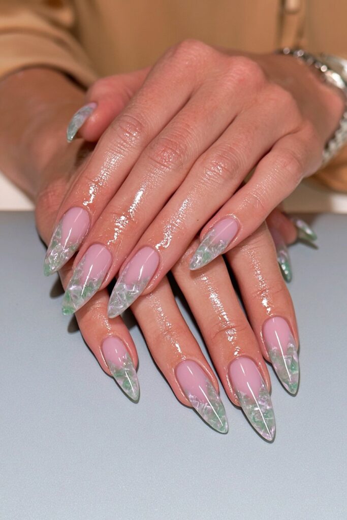 Peridot foil marble nails