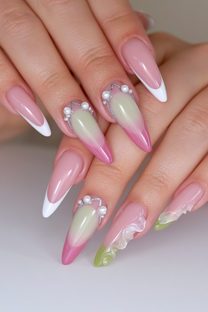 Peridot nails with pearl accents
