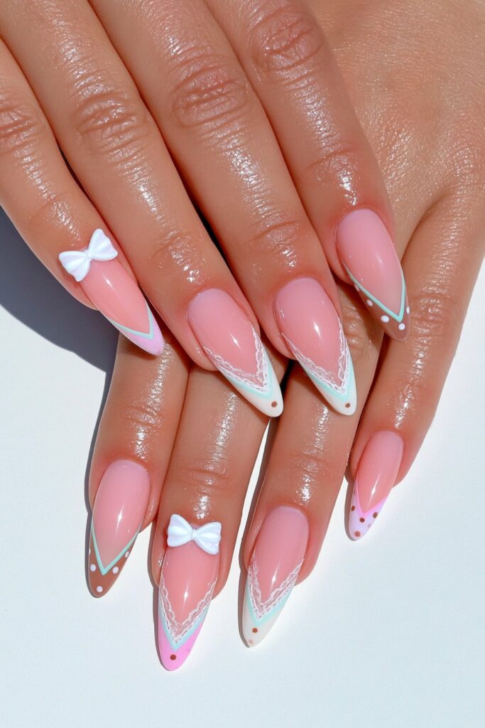 Pink brown lace dot nail design