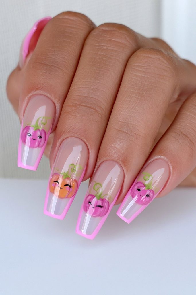 20 Pink Halloween Nails For This Spooky Season 19 Pink cartoon pumpkin Halloween nails