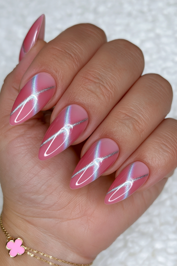 Pink cat-eye chrome topcoat nails