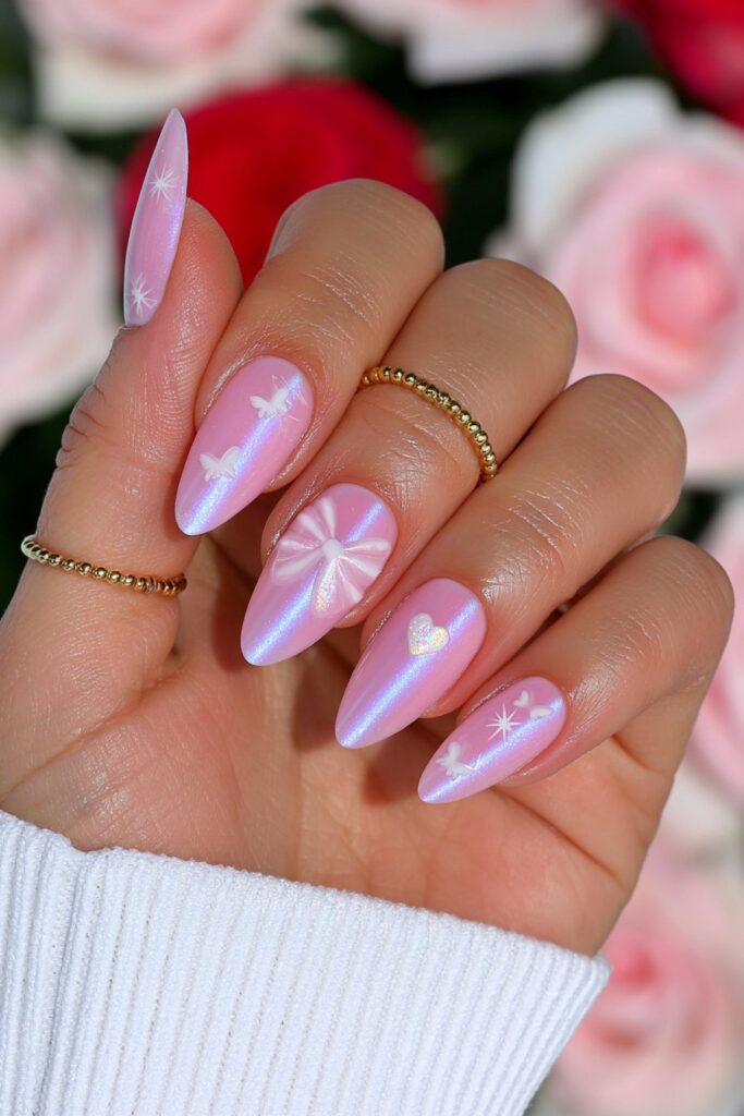 Pink cat-eye butterfly glitter nails