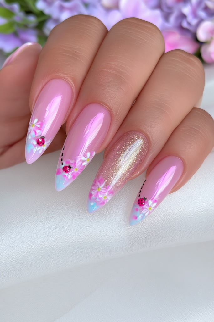 Pink cat-eye cherry blossom nails