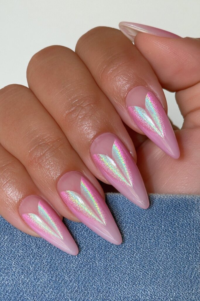 Pink cat-eye heart glitter nails