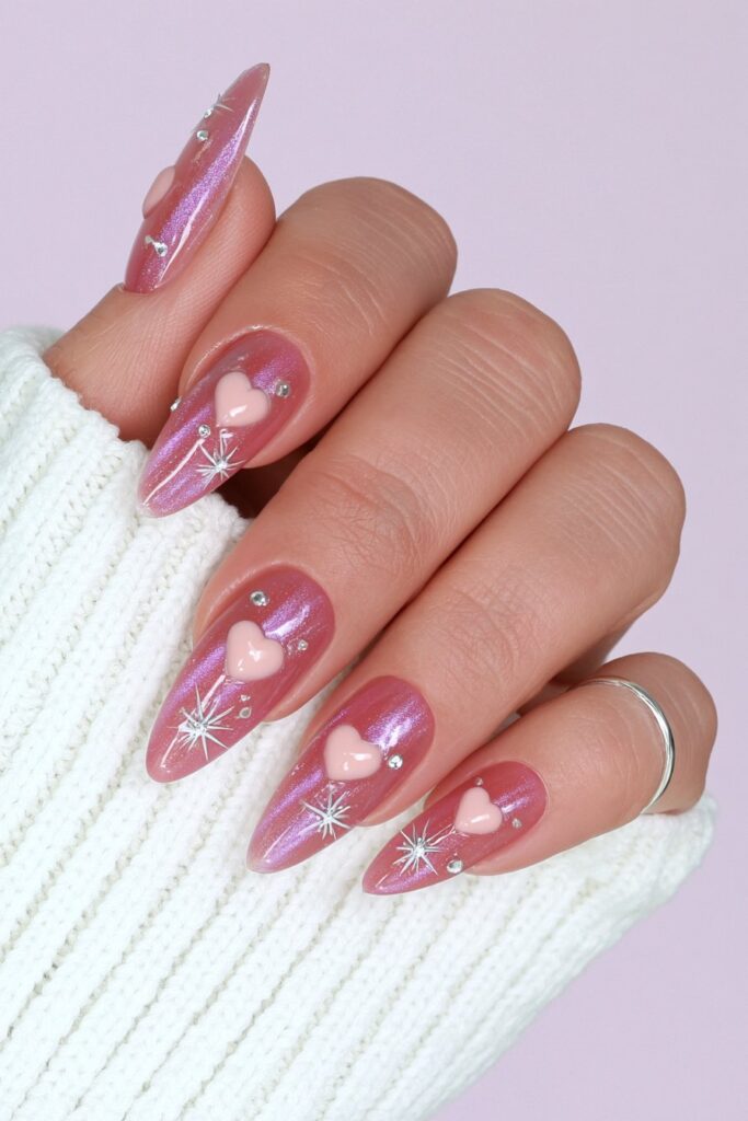 Pink cat-eye magnetic heart nails