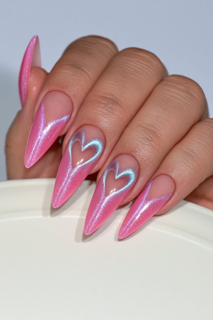Pink cat-eye white heart nails