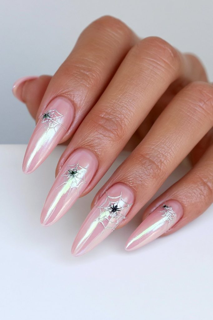20 Pink Halloween Nails For This Spooky Season 21 Pink chrome metallic spiderweb nails