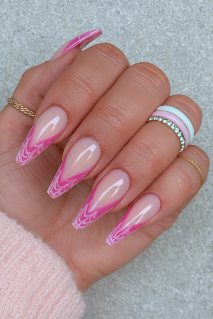 Pink coffin spider web nails