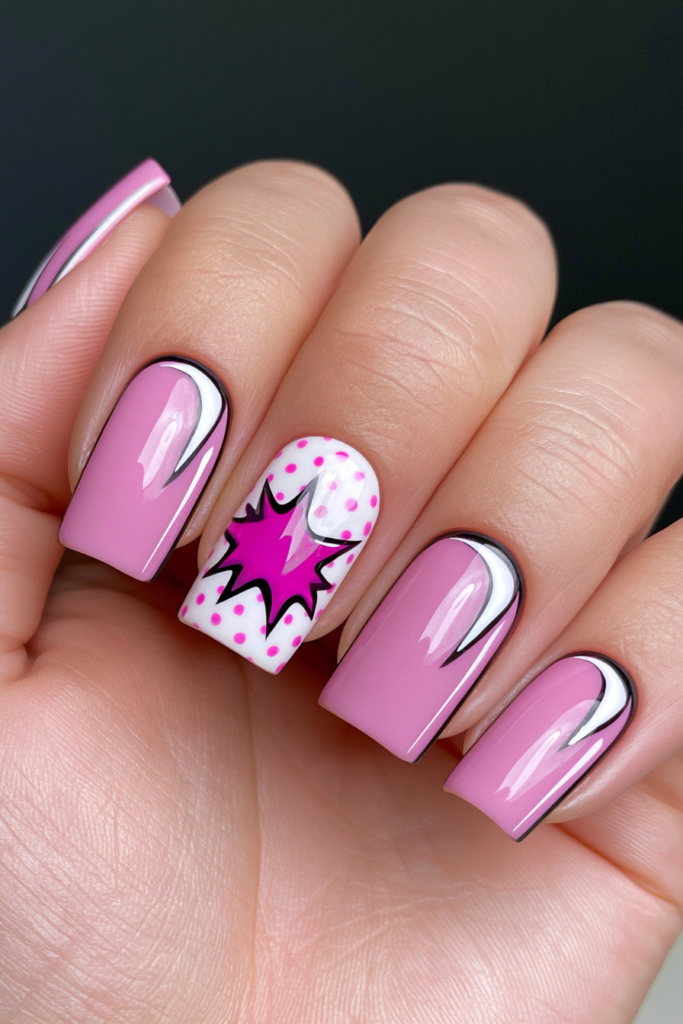 Pink comic pop-art nail design