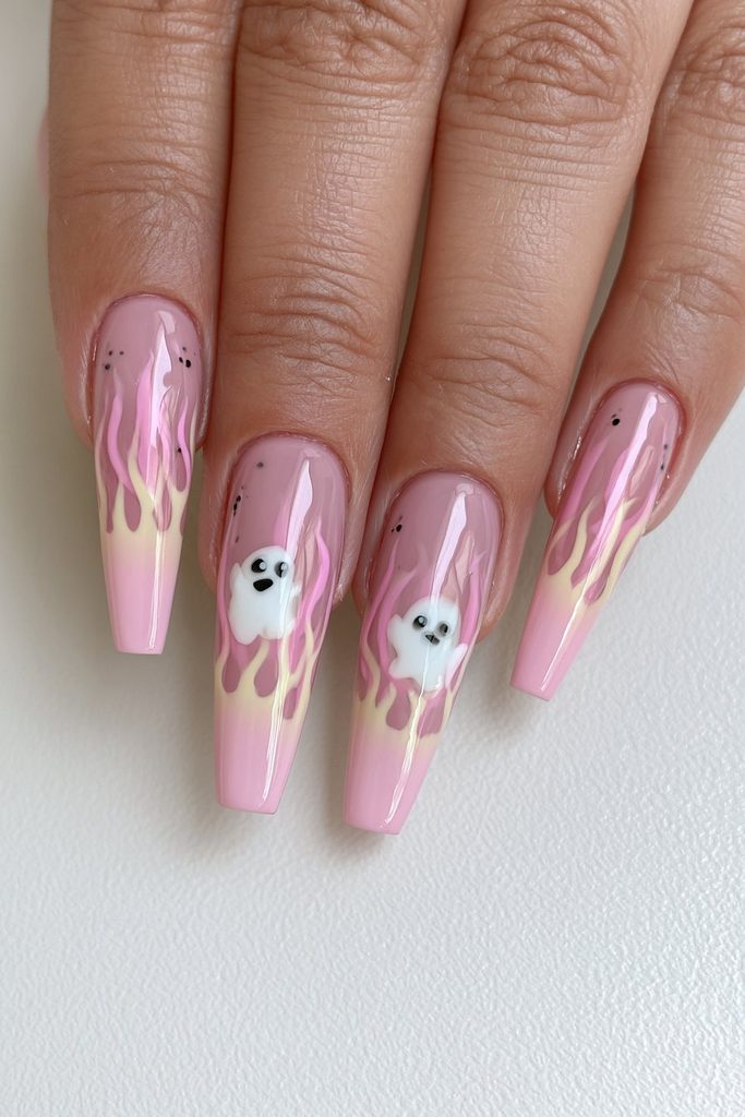 20 Pink Halloween Nails For This Spooky Season 15 Pink flame ghost accent nails