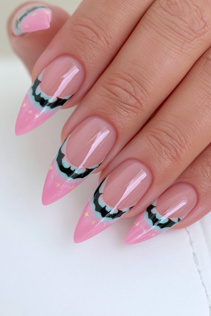20 Pink Halloween Nails For This Spooky Season 17 Pink French tips with bat accents