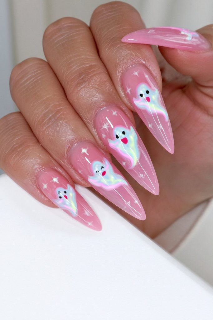 20 Pink Halloween Nails For This Spooky Season 14 Pink glow-in-the-dark ghost nails