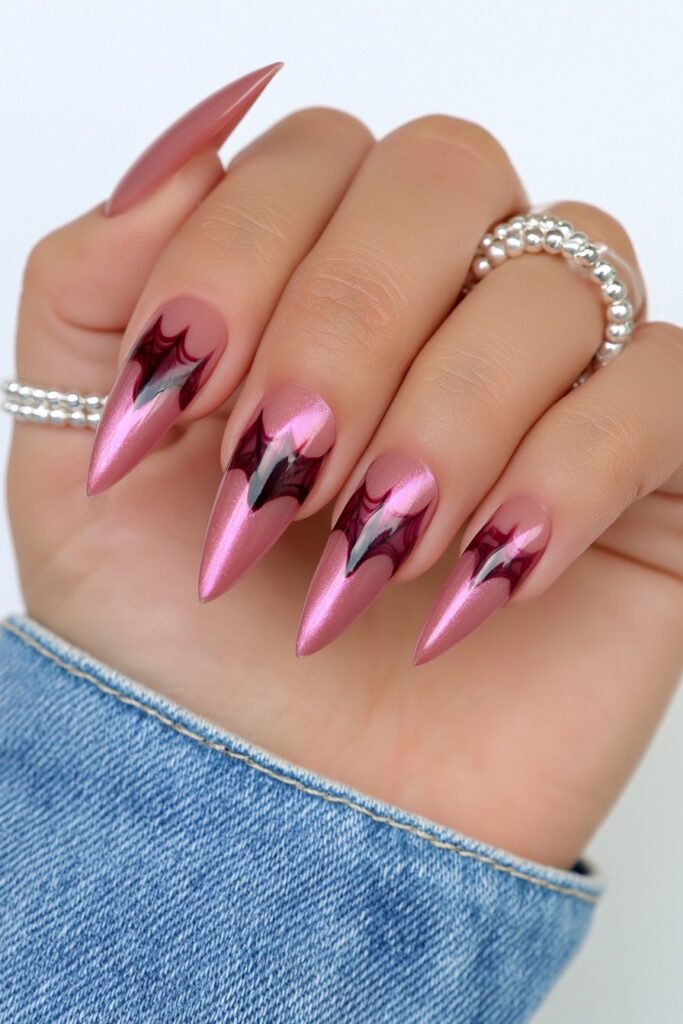 Pink stiletto spider web nails