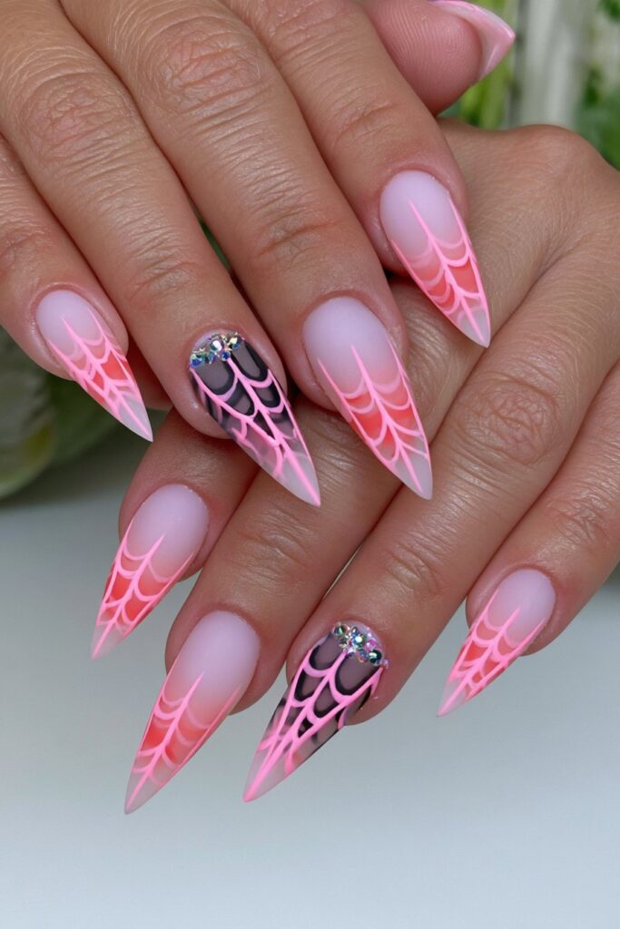 Pink web rhinestone accent nails