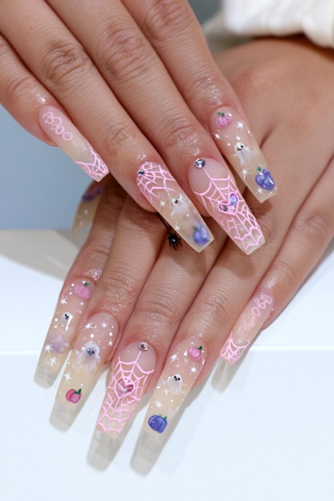 Pink spider web heart nails