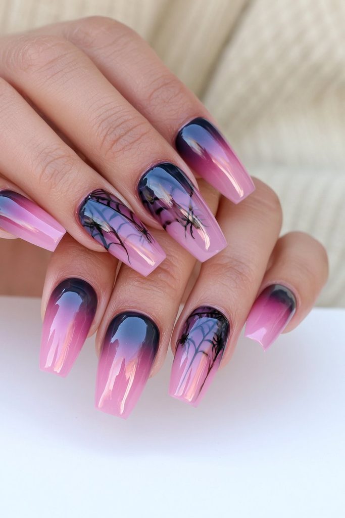 20 Pink Halloween Nails For This Spooky Season 7 Pink black spiderweb Halloween nails
