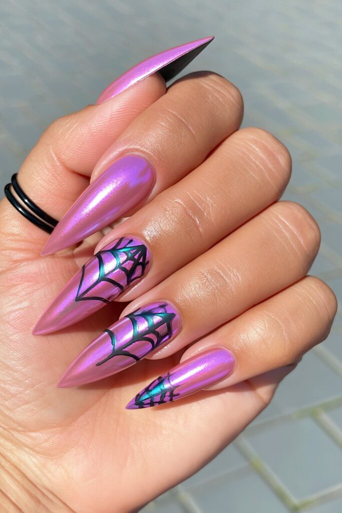 Pink purple spider web nails