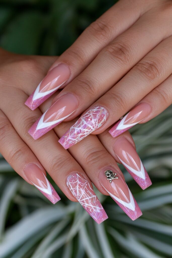 Pink white square web nails
