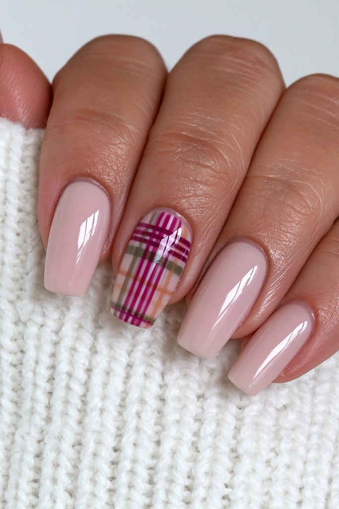 Autumn plaid accent nail with cozy Thanksgiving color palette