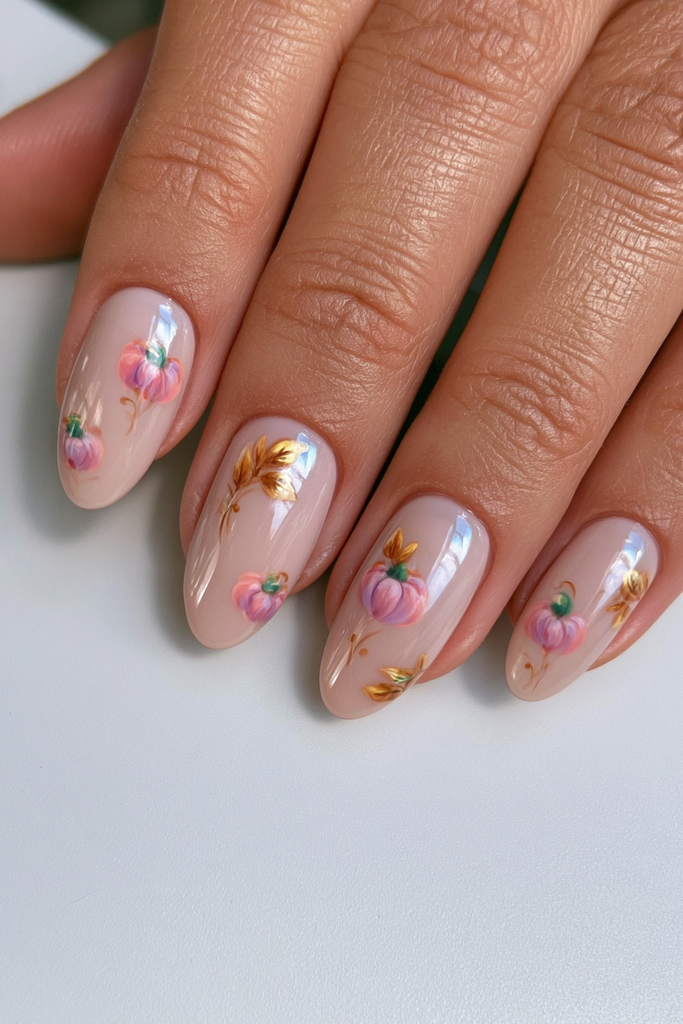 Festive pumpkin and autumn leaf accents on Thanksgiving nails