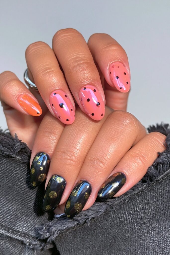 Pumpkin spice polka dot nail design
