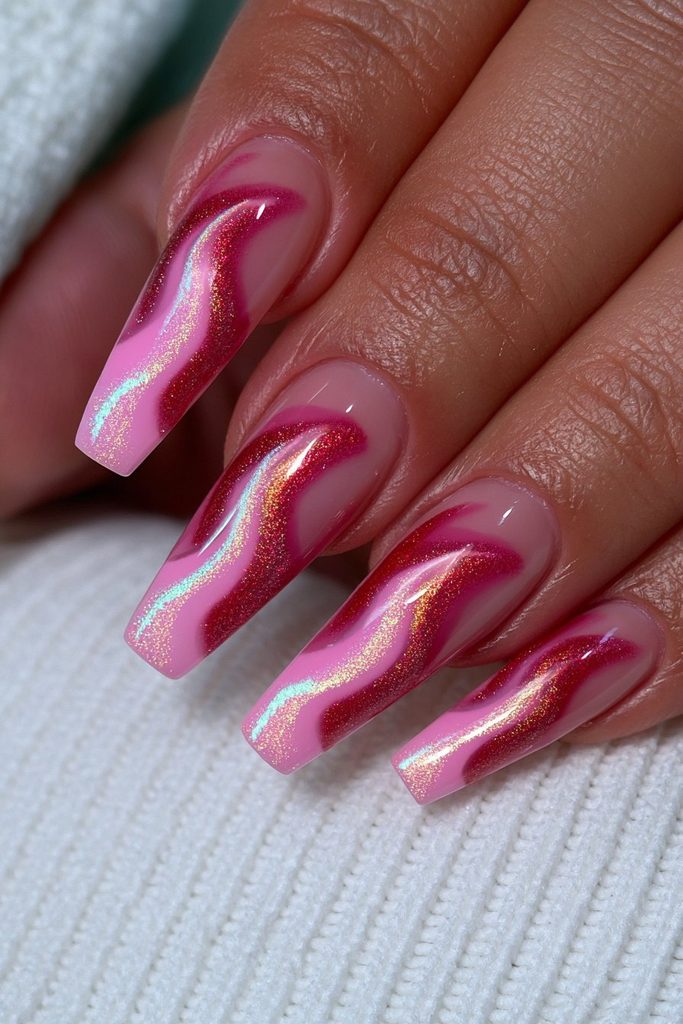 Red and yellow velvet nails with blended magnetic shimmer