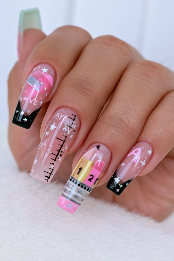 25 Back to School Acrylic Nails for Real Nail Art 4 Ruler A+ notebook line nails