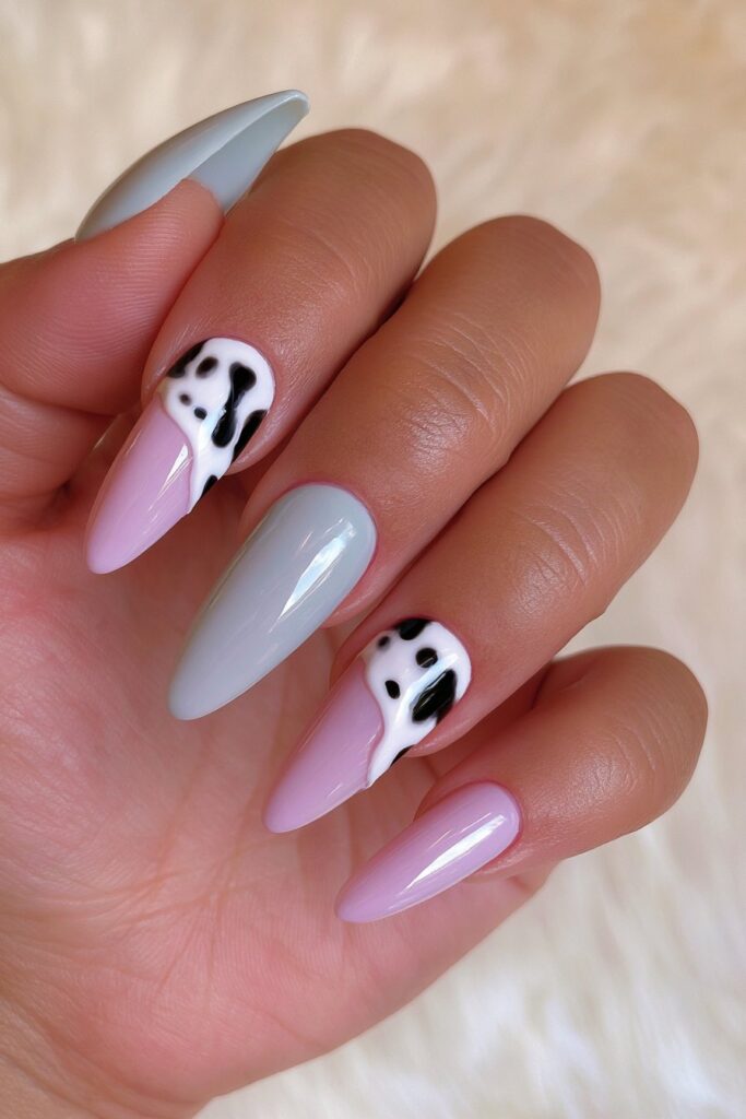 Sage green animal print almond nails
