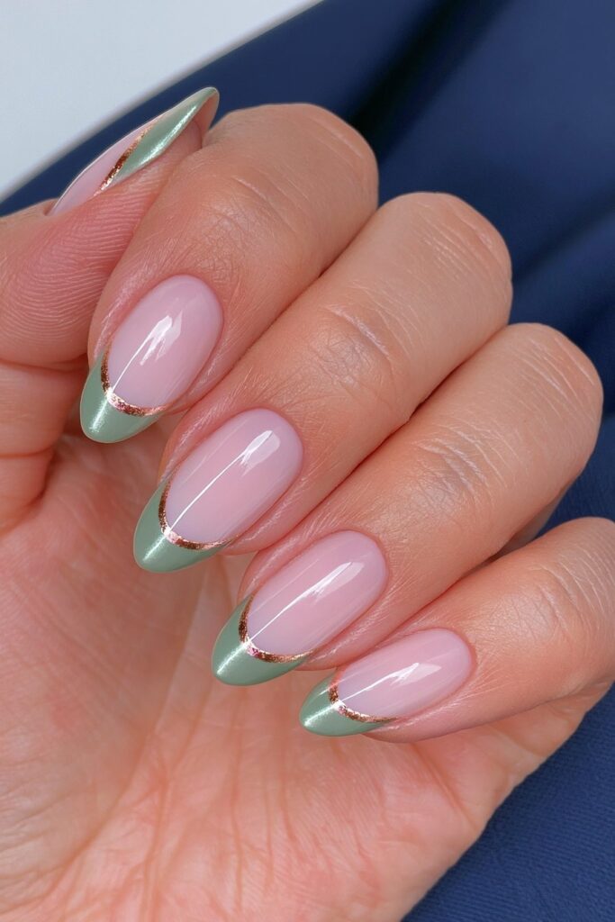 Sage green gold line French tips