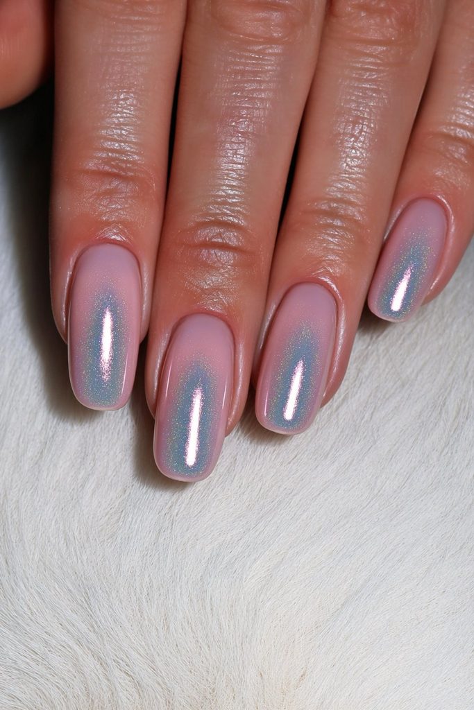 Sage green glazed donut nails with delicate chrome glow