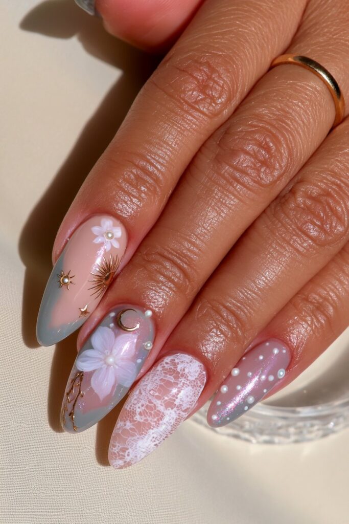Sage green metallic shimmer nails
