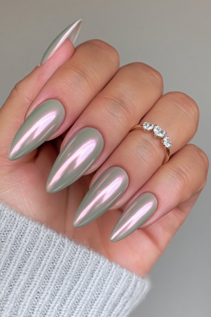 Sage green pearl chrome almond nails