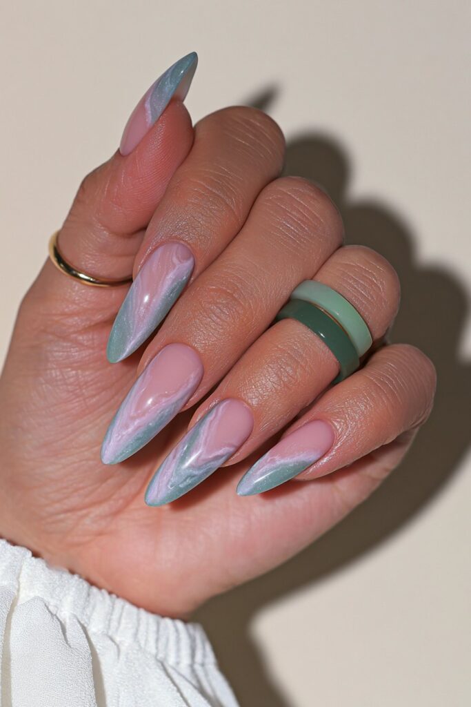 Sage green cream swirl marble nails
