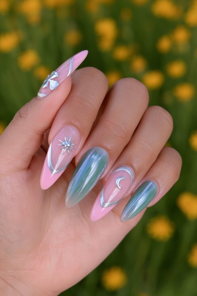 Sage green tortoiseshell almond nails