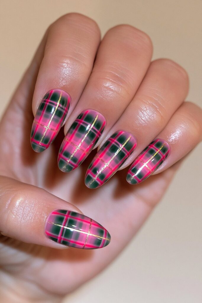 Sage green burgundy plaid nails
