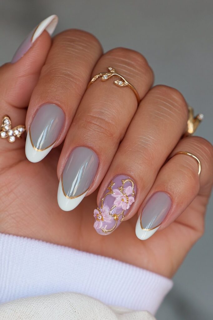Sage green white French tip nails