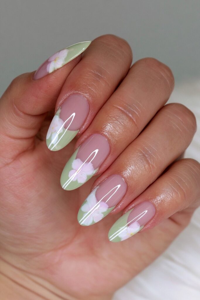 Sage green white floral accent nails
