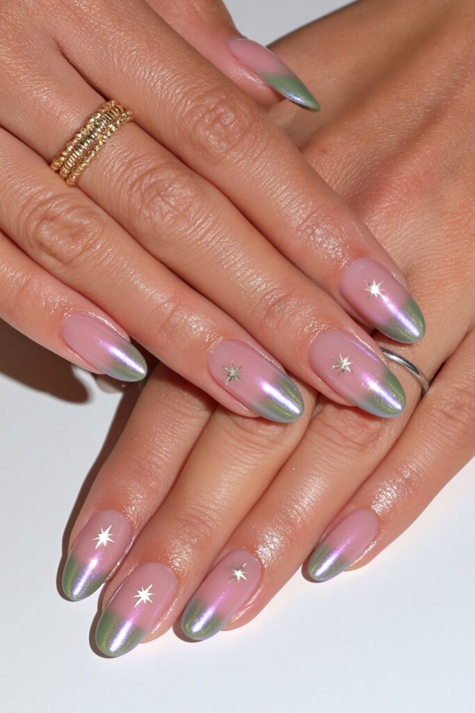 Sage green gold chrome nail details