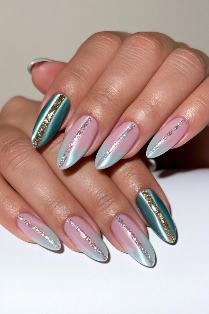 Sage green magnetic cat-eye nails