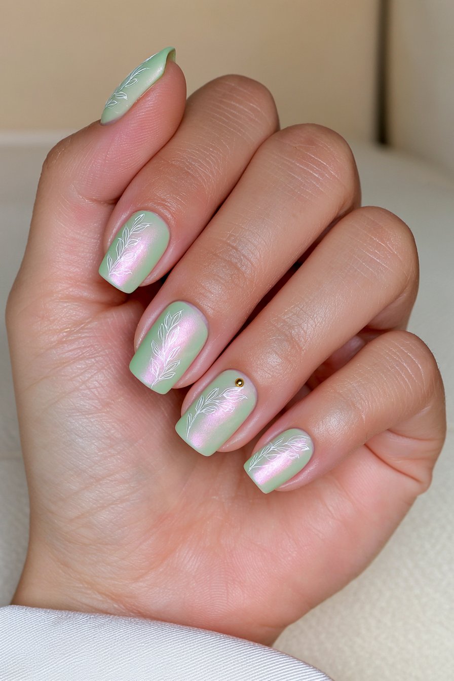 Sage Green with Subtle Leaf Nail