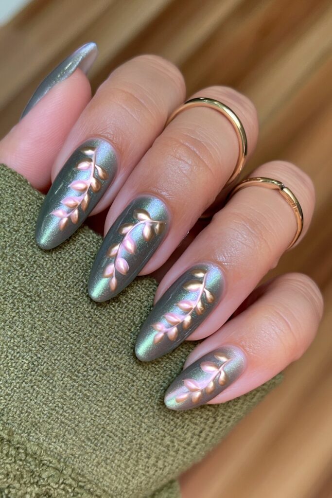 Sage and cream leaf nails