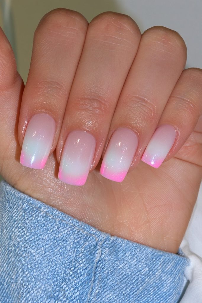 Short round glazed donut nails with glossy pearly finish