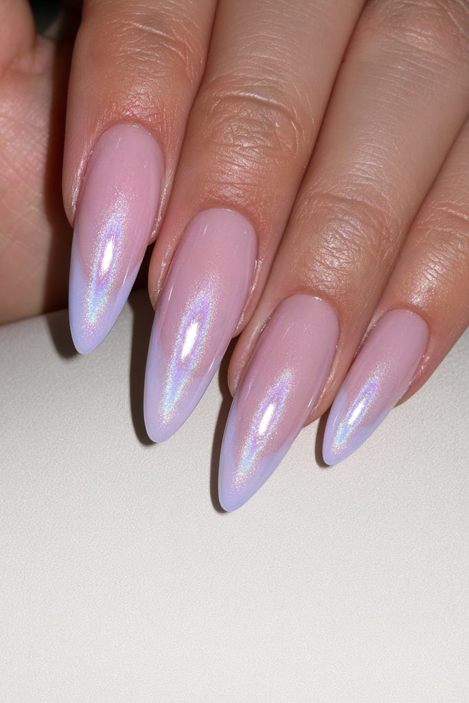 Sky blue glazed nails with cool silver chrome shine