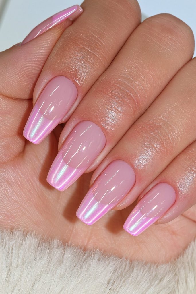 Strawberry pink glazed donut nails with juicy pearl shine