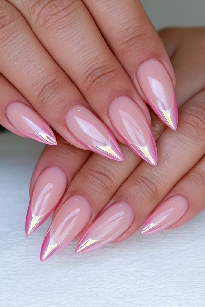 White chrome glazed donut nails with luminous pearly finish