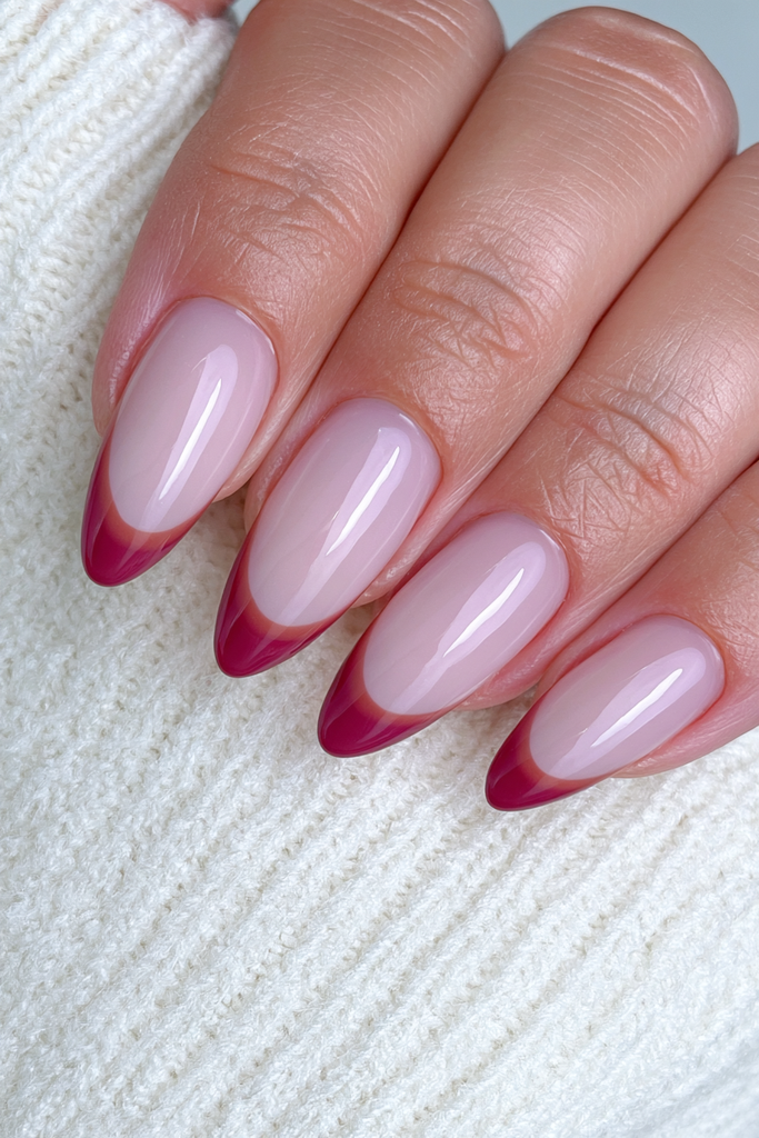 Warm beige nails featuring refined terracotta French tips