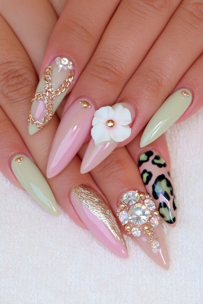 Textured sage green floral nails