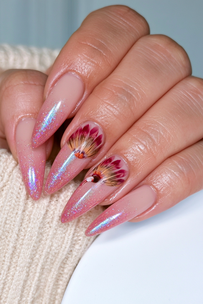 Detailed turkey feather fan nail art in warm harvest colors