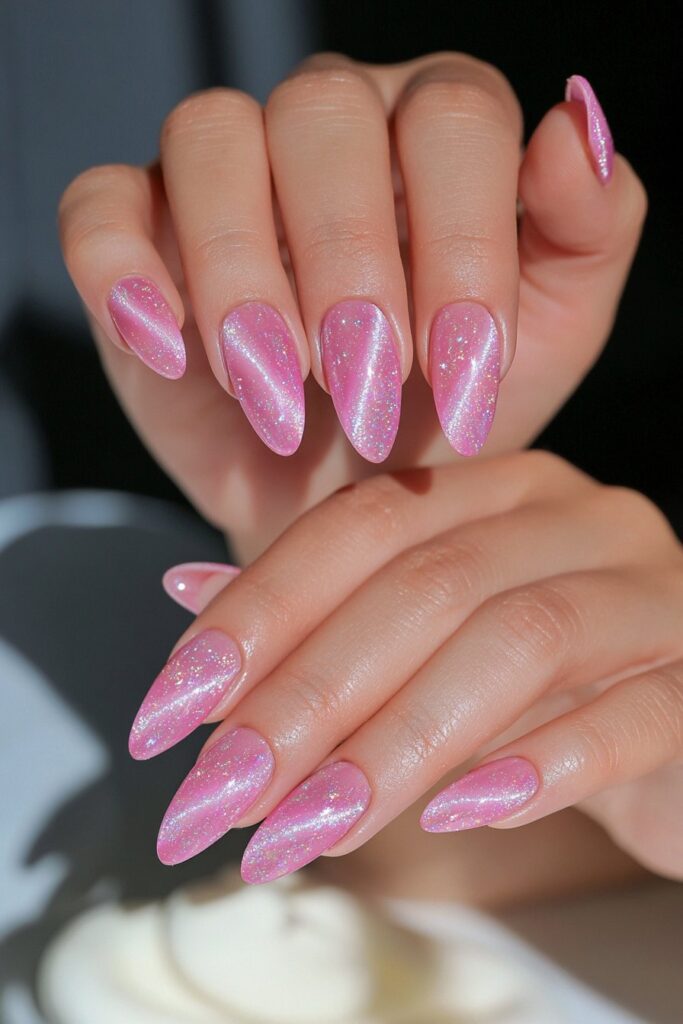 Ultra-fine shimmer pink cat-eye nails