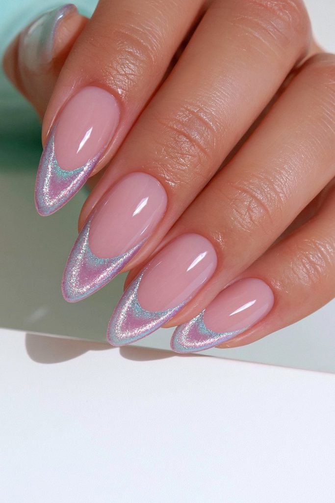 Elegant velvet French tips with soft magnetic shine